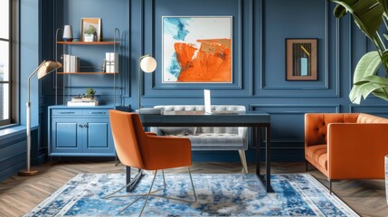 A complementary color-schemed home office with vibrant blue and orange accents, modern furniture, and clean lines --ar 16:9 --style raw Job ID: 2c8a5e8d-c459-4b5c-aa42-8b4fd070e57b