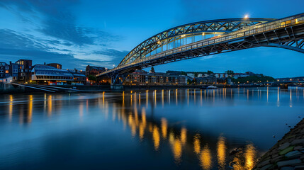 Naklejka premium A gleaming metallic bridge spanning a river at dusk, with lights reflecting off its surface and the water below