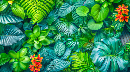 Naklejka premium Vibrant, dense arrangement of tropical rainforest leaves and flowers