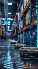 Warehouse Automation theme side view Enhancing warehouse operations with robotics Digital tone Triadic color scheme