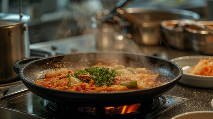 a creative take on kimchi jjigae, showcasing the dish with unconventional ingredients in a setting of a contemporary kitchen, emphasizing creativity and fusion