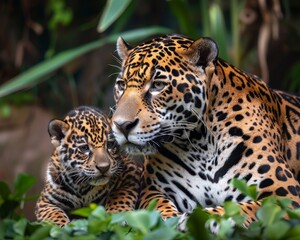Fototapeta premium High-quality image of jaguar family. mother and two cubs in their natural habitat