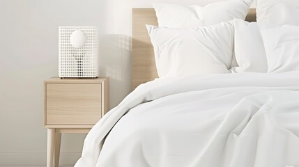 Nordic style bedroom, close-up on crisp white bedding and light oak nightstand, morning light