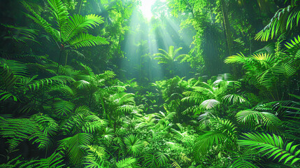 Sunlight filters through the dense foliage in a vibrant tropical rainforest, highlighting its rich biodiversity