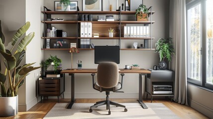A functional home office with a modern desk, ergonomic chair, and plenty of storage solutions --ar 16:9 --style raw Job ID: 32cf503c-18bd-4038-b8d0-a38e1e787cfd