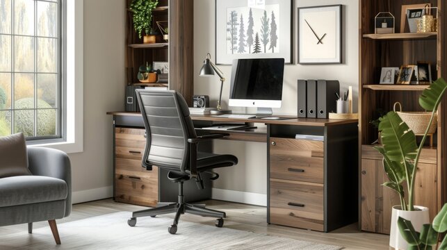 A functional home office with a modern desk, ergonomic chair, and plenty of storage solutions --ar 16:9 --style raw Job ID: 32cf503c-18bd-4038-b8d0-a38e1e787cfd
