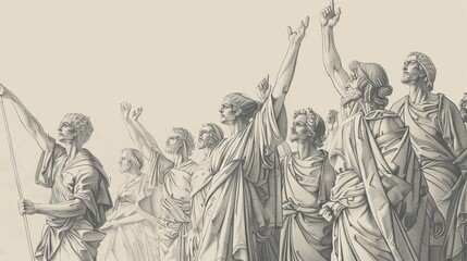 Judges 5 Biblical Illustration: Song of Deborah, celebrating victory, praising God's intervention, courage of leaders, Beige Background, copyspace