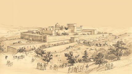 Fototapeta premium Psalms 122 Biblical Illustration: Joy at going to Lord's house, praying for peace and prosperity of Jerusalem, Beige Background, copyspace