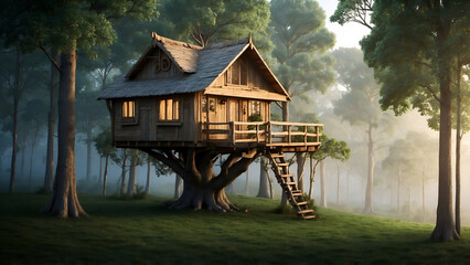Tree house in deep forest at misty morning 