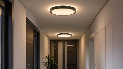 A contemporary flush-mount ceiling light fixture installed in a hallway, providing bright and even illumination for safe passage through the space.