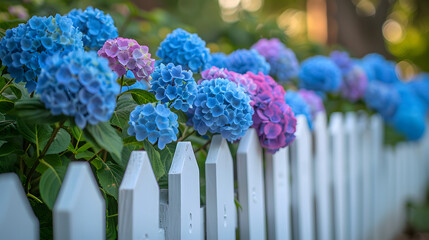Obraz premium blue and pink hydrangea and white hedge