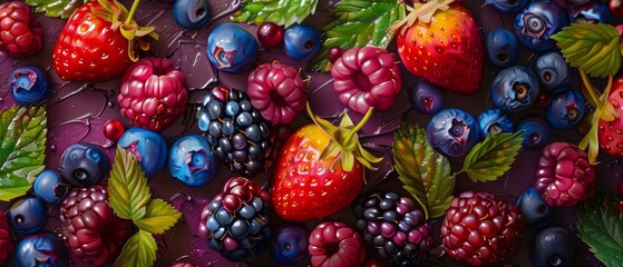 A painting of a variety of berries including blueberries, raspberries