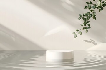 empty podium product display with water ripples and green leaf, for beauty cosmetic mockup presentation, nature and pristine