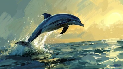 A dolphin breaching the surface of the water in a magnificent leap, its sleek body glistening in the sunlight as it soars through the air.