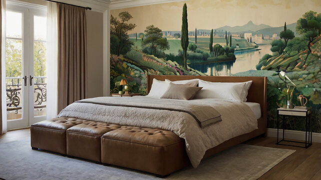 Large bed by landscape wallpaper