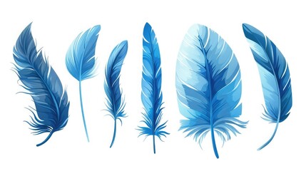 Set of realistic vector goose or swan feathers of various shapes. Ecological feather filler for pillows, blankets or jackets. Blue feather isolated on white background A single parrot bright feather