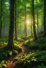 Obraz premium Sunbeams Through A Misty Forest Path