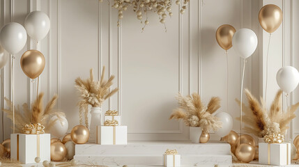 White and gold balloons. Backdrop for birthday, wedding, anniversary.	