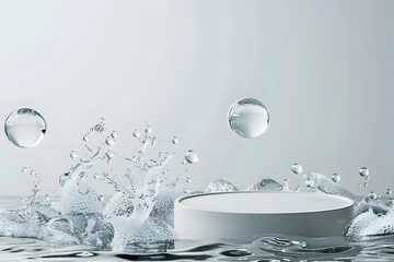empty podium product display with water ripples and green leaf, for beauty cosmetic mockup presentation, nature and pristine