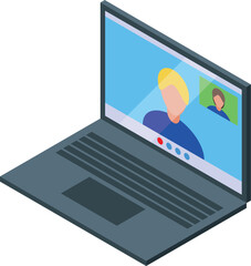 Colorful isometric illustration of an open laptop with a video conference interface on the screen