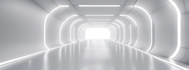 Naklejka premium White Background 3D Room with Light Abstract Space. Technology Tunnel Stage Floor. Empty White Future 3D Neon Background Studio. Futuristic Corridor, Modern Interior, Silver Road, Black Wall Design.