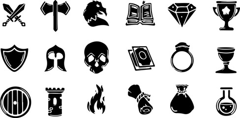 Pixel perfect icon set of  RPG game UI kit health heal sign dungeon dragon skill award knight sword potion warrior weapon. Flat icons vector illustrations isolated on transparent background © CFK