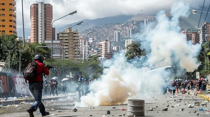 Obraz premium Protesters Clashing with Armed Forces Amidst Tear Gas and Makeshift Barricades in the Streets, Highlighting Tension and Civil Unrest