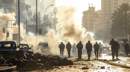 Protesters Clashing with Armed Forces Amidst Tear Gas and Makeshift Barricades in the Streets, Highlighting Tension and Civil Unrest