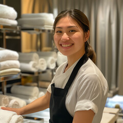 Photo of a hotel maid, full of towels and cleaning supplies.