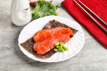 Sliced salmon sashimi in the plate