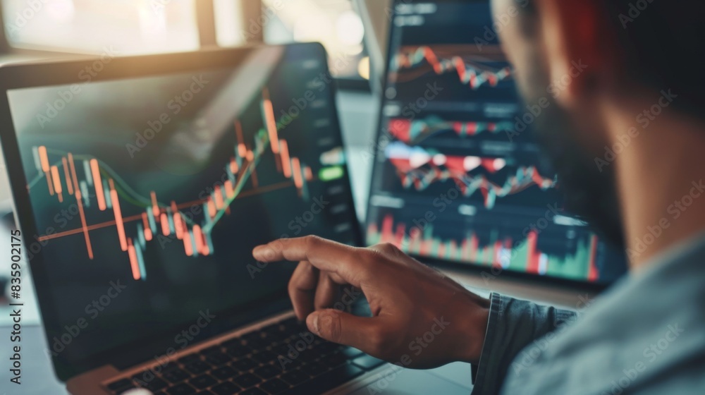 Poster a financial advisor discussing stock market trends with a client, pointing to a graph on a laptop sc