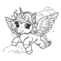 Cute little flying unicorn, black vector illustration on white background