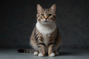 Obraz premium A cute tabby cat with a mix of brown, black, and white fur, sitting and looking directly at the camera with green eyes. The background is a muted gray, highlighting the cat's striking features.