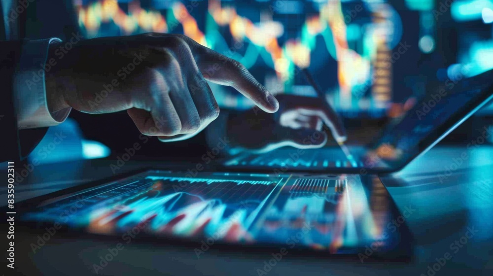 Aufkleber a financial analyst analyzing business graphs and trends on a tablet, preparing detailed reports and