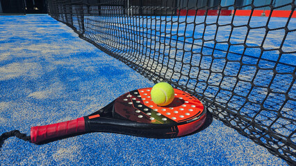 paddle tennis court image outdoors, racket and balls