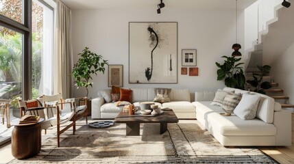 A modern living room with carefully chosen art pieces, stylish rugs, and cozy textiles for a complete look 
