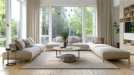 A modern living room with sleek, minimalist furniture, neutral color scheme, and large windows letting in natural light --ar 16:9 --style raw Job ID: f4b985ea-e6a5-4c66-b908-5d5c9e73f3bc