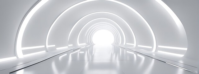 Obraz premium White Background 3D Room with Light Abstract Space. Technology Tunnel Stage Floor. Empty White Future 3D Neon Background Studio. Futuristic Corridor, Modern Interior, Silver Road, Black Wall Design.