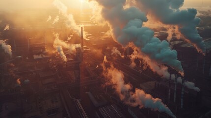 Drone shot over an industrial area showing smoke and gas emissions from factories billowing into the sky