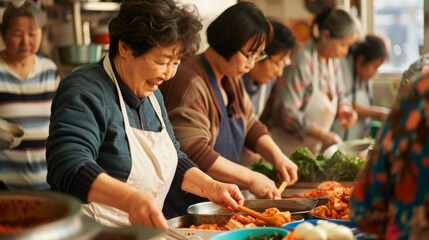 a kimchi making workshop, showcasing participants preparing kimchi in a setting of a community center, emphasizing tradition and hands-on learning. 