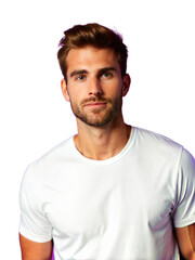 Obraz premium Smiling Man with Blank T-Shirt, Close-up portrait of a man wearing a plain white T-shirt, suitable for adding custom designs or logos. 