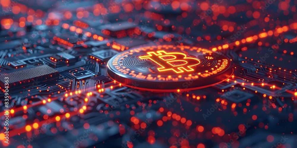 Poster glowing bitcoin network portraying advanced blockchain technology