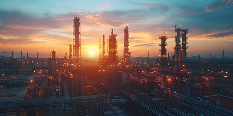 Obraz premium Oil Refinery and Towering Distillation Columns Against Dramatic Desert Sunset Landscape