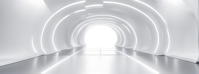 Obraz premium White Background 3D Room with Light Abstract Space. Technology Tunnel Stage Floor. Empty White Future 3D Neon Background Studio. Futuristic Corridor, Modern Interior, Silver Road, Black Wall Design.