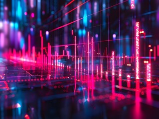 Dramatic Neon Visualization of Market Fluctuations in Futuristic Urban Cityscape