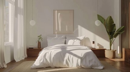 A minimalist bedroom setup with a simple bed, light textiles, and clean, functional decor --ar 16:9 --style raw Job ID: 9fc0c597-b9d4-46f3-9b0c-741b7eb07c63