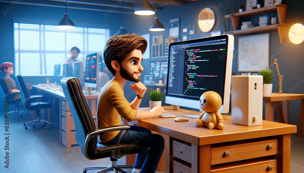 Wall mural 3d illustration of a web developer working at a computer.