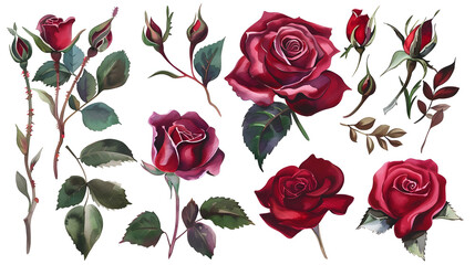 watercolor roses botanical garden illustration, red, burgundy flowers, leaves, branches isolated on white background. blooming nature theme. generative ai