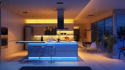 A modern kitchen with bright ambient lighting, under-cabinet task lighting, and accent lighting for a sleek look