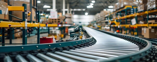 Fototapeta premium Automated Conveyor Belt System in Efficient Distribution Warehouse Enabling E Commerce Logistics